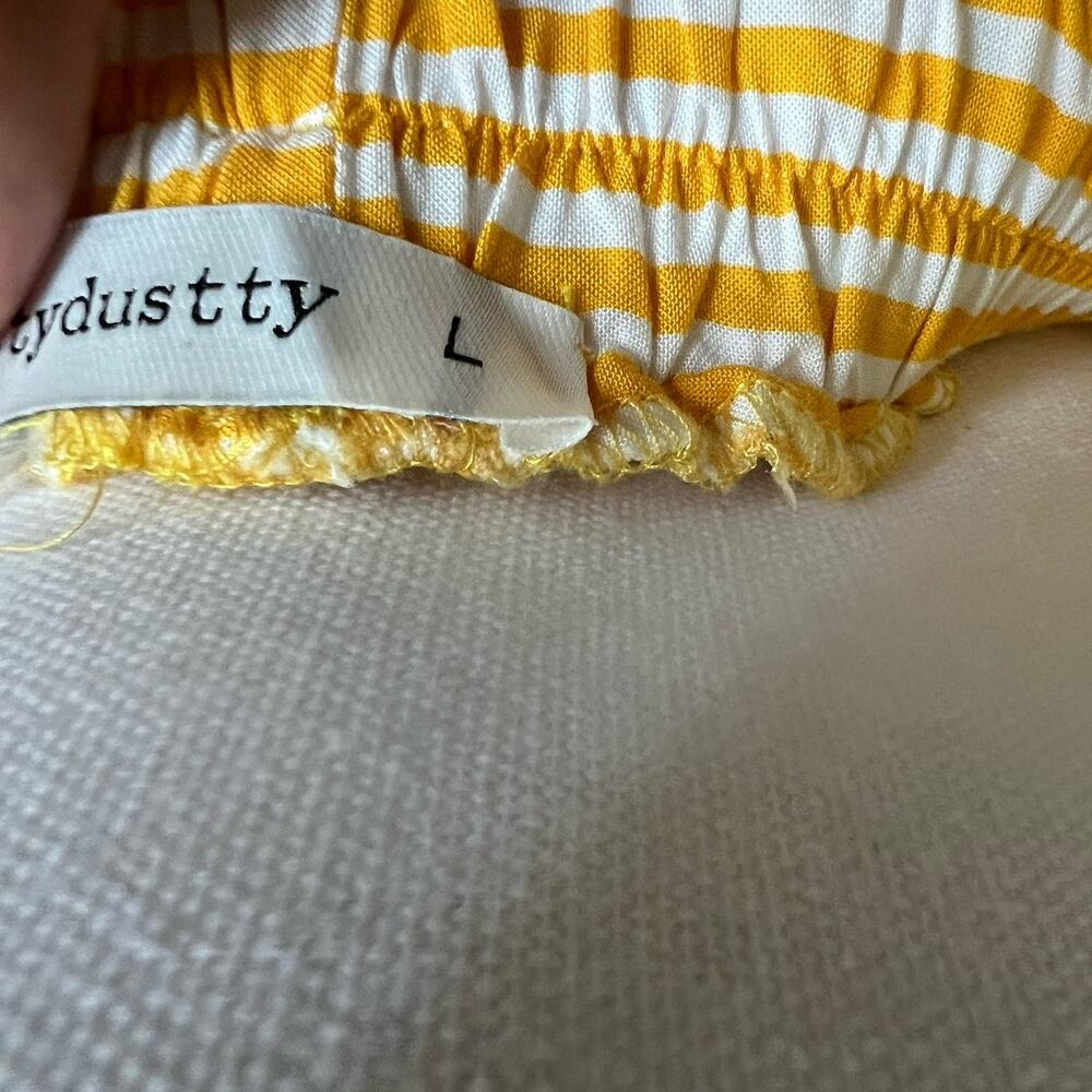 Rusttydustty Stripe A Line Mini Skirt Sz L Elastic Waist Yellow White Ruffles - Picture 4 of 4